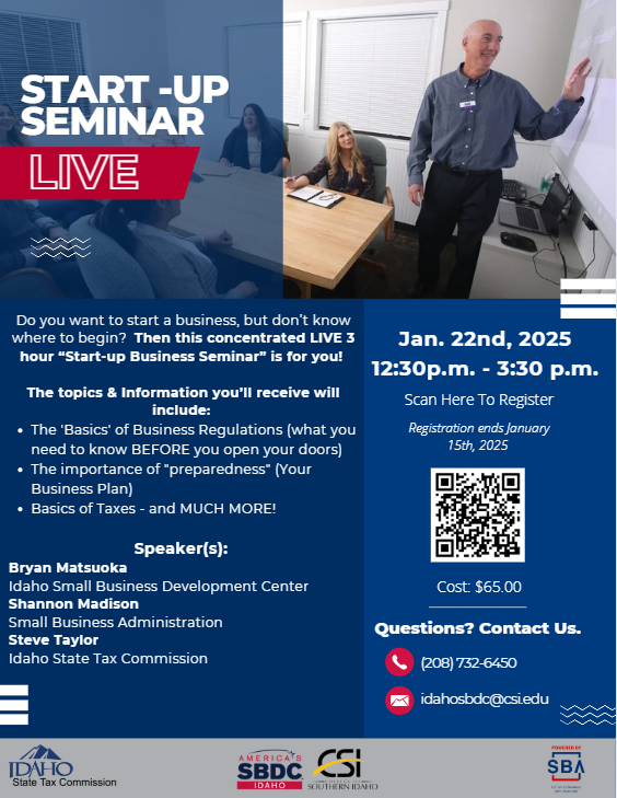 Do you want to start a business, but don’t know where to begin? Do you know what a business plan is and how important it is to your future business success?  Do you have lots of questions & need some answers? Then this concentrated LIVE 3 hour “Start-up Business Seminar” is for you!  The topics & Information you’ll receive will include:  - The 'Basics' of Business Regulations (what you need to know BEFORE you open your doors) - The importance of "preparedness" (Your Business Plan) - Basics of Taxes - and MUCH MORE!  Our LIVE Start-up Seminar training that will help you take your first steps towards creating a successful business!